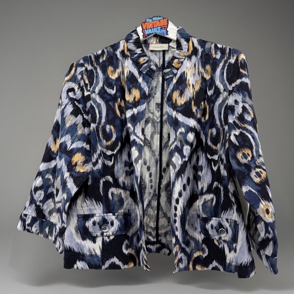 Chicos Linen Ikat Print Blazer Womens Size 0 Blue Yellow Gray Open Front Jacket
